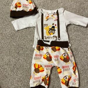 Gobble Gobble Turkey Day newborn thanksgiving Set hat onesie pants